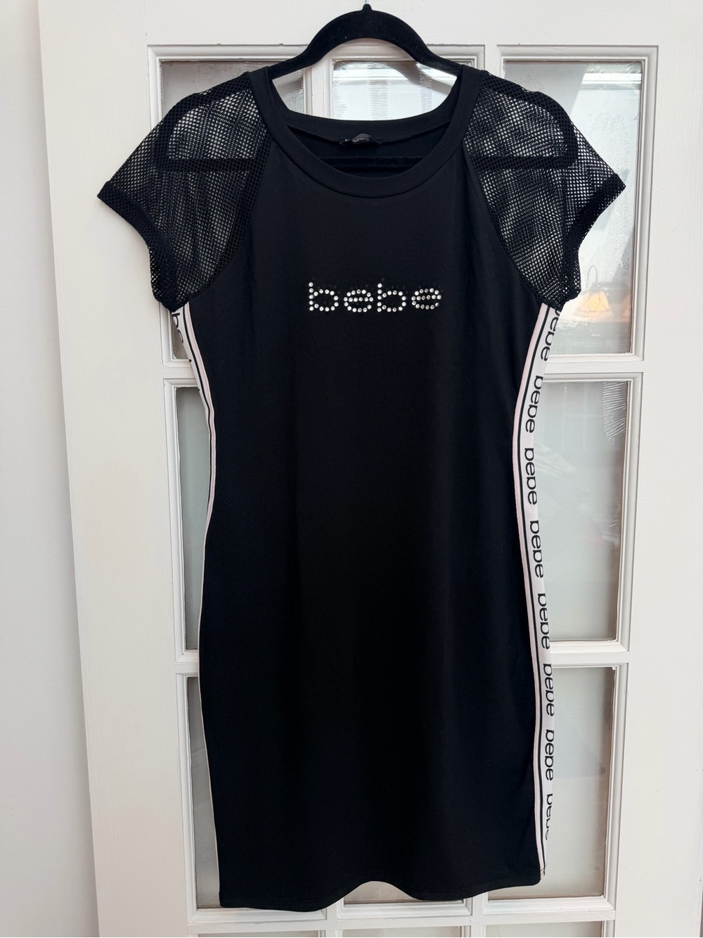 Vintage bebe Y2K Rhinestone Black Mesh-Sleeve Logo Tee Shirt Dress Size Large L